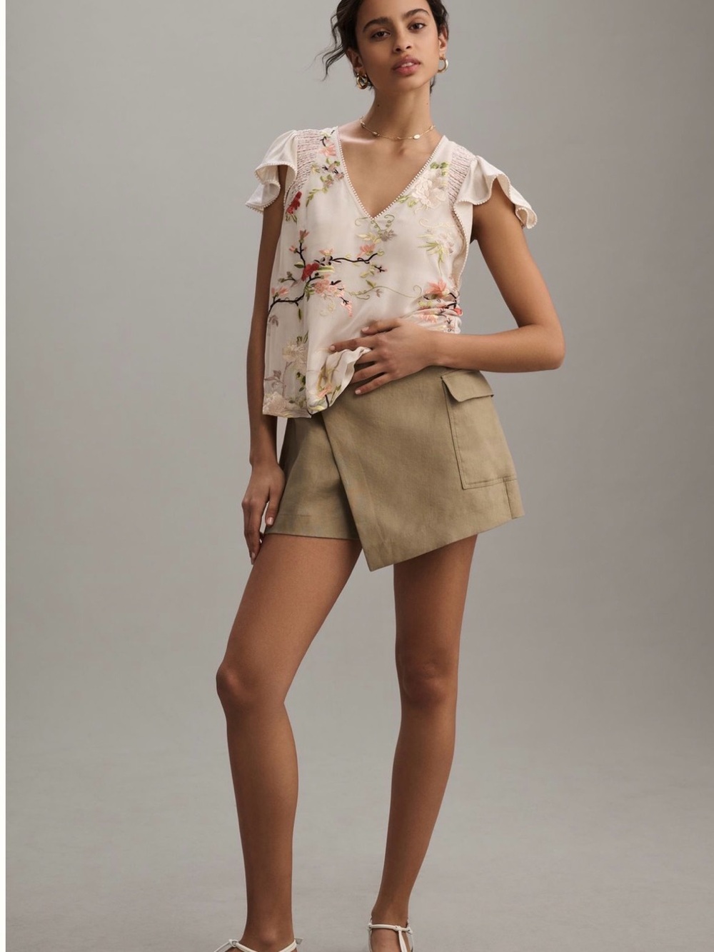Embroidered Floral Cream V-Neck Flutter Sleeve Top - Picture 3 of 6